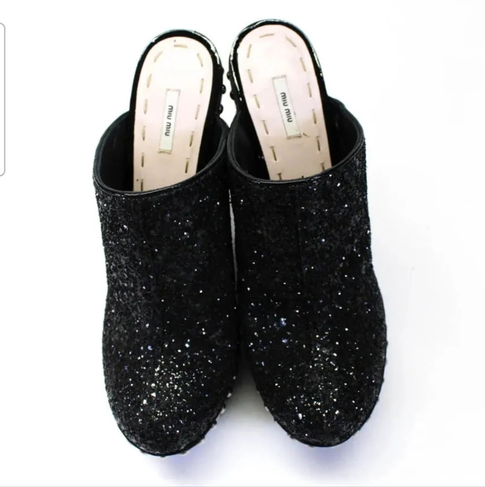 Miu Miu Womens Backless Leather Glitter Booties Black Size 8 NEW